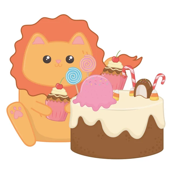 Kawaii Lví kreslený s návrhem koláče — Stockový vektor