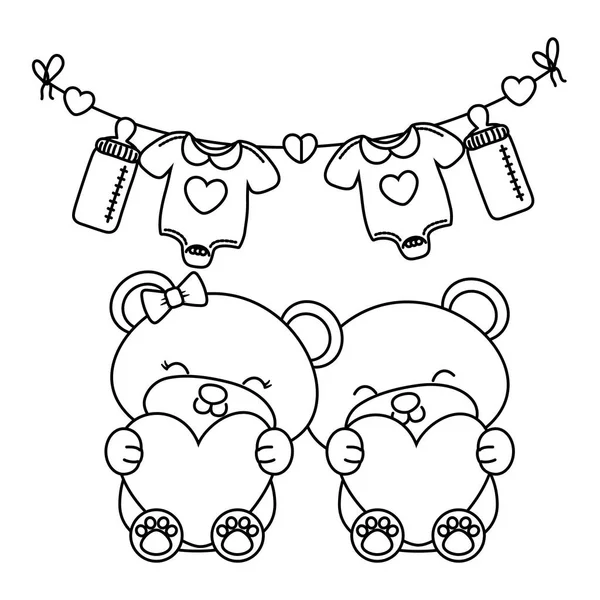 Toy bears holding hearts black and white — Stock Vector