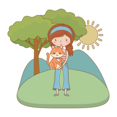 Kedi karikatür tasarımı ile kız