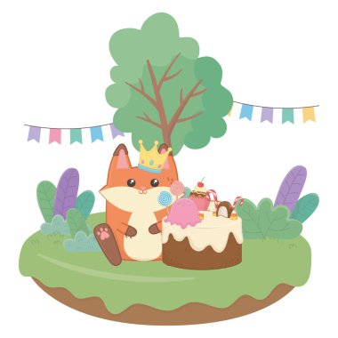 Doğum günü pastası tasarımlı Kawaii tilkisi.