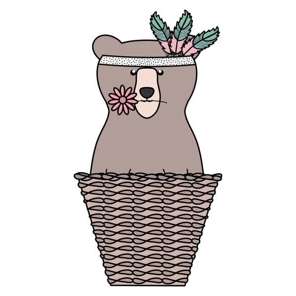 Niedźwiedź grizzly z piórami kapelusz w koszu słoma bohemian stylu — Wektor stockowy