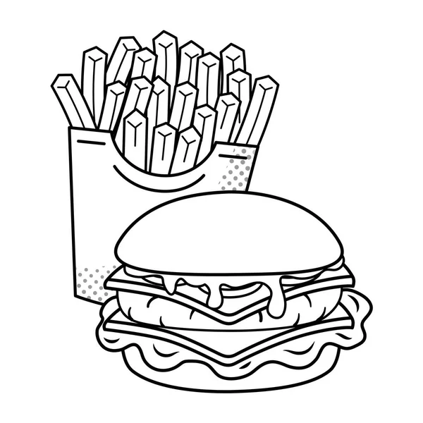 Hamburger and french fries black and white — Archivo Imágenes Vectoriales