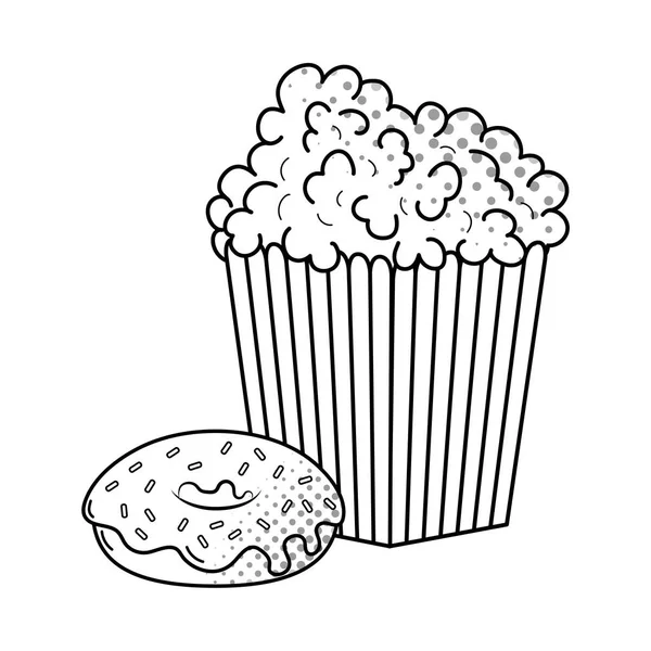 Popcorn en donut zwart-wit — Stockvector