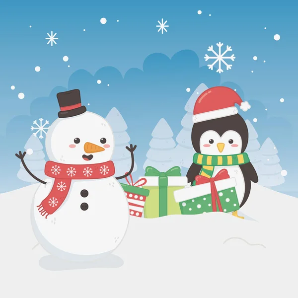 Merry merry christmas card with snowman and penguin — Stock Vector