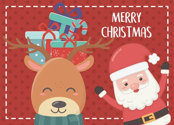 頭の鹿とサンタメリークリスマスカードの贈り物 — ストックベクタ