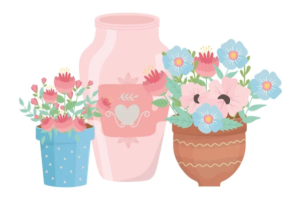 Flowers and leaves inside pots vector design — Archivo Imágenes Vectoriales