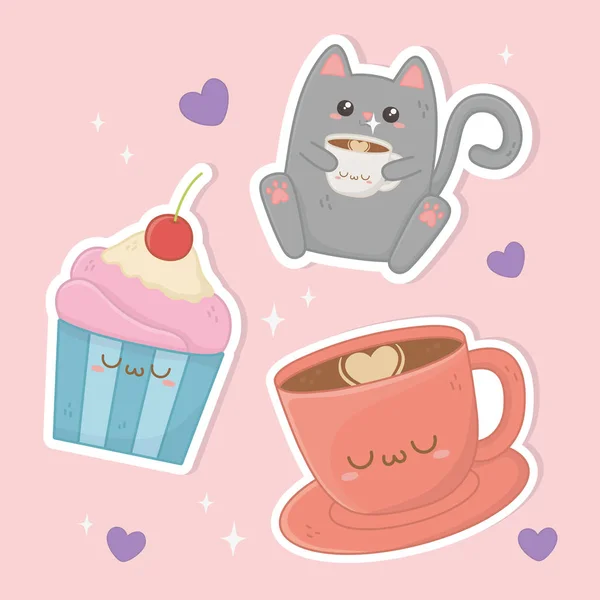 Schattig kat met koffie en cupcake kawaii tekens — Stockvector