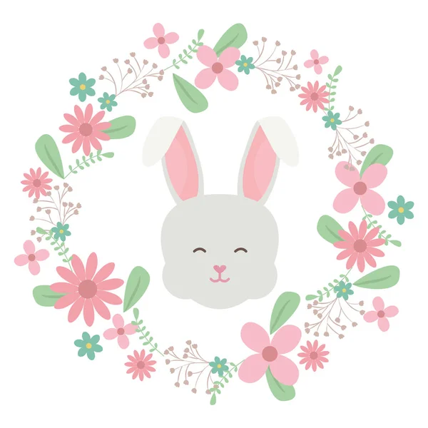 Cute little rabbit with floral decoration frame — Vector de stock