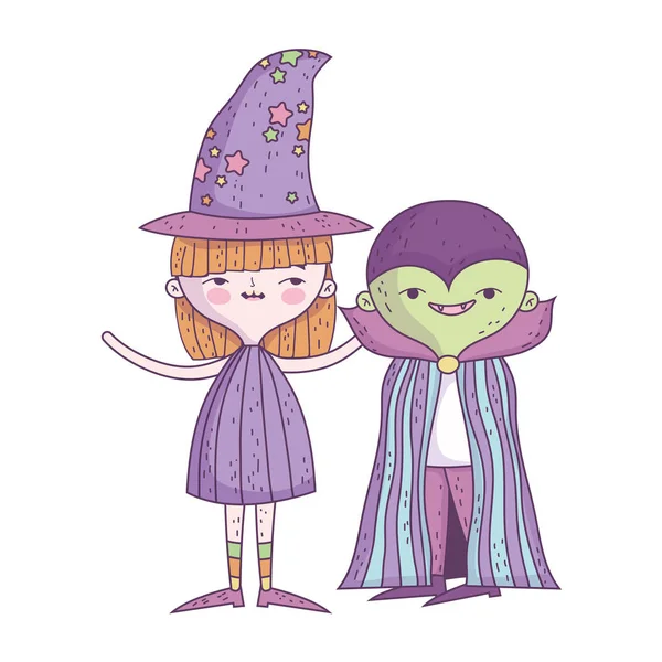 Happy halloween celebration girl witch and boy monster — Stock Vector