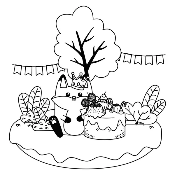 Kawaii fox with happy birthday cake design — vektorikuva