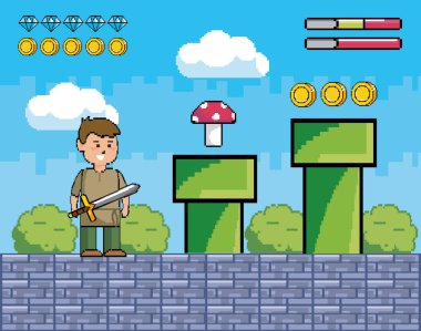 boy with sword and tubes with fungus and coins
