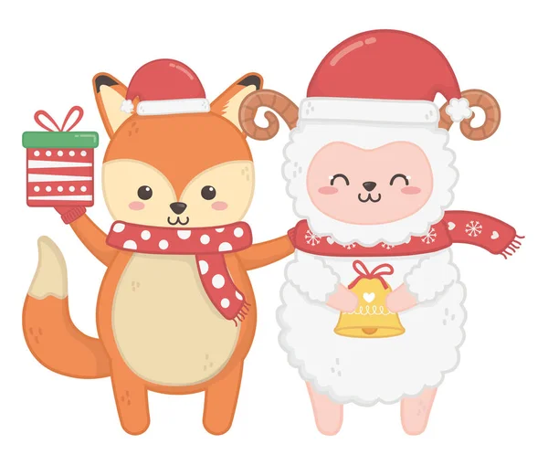 Cute fox and sheep with gift and bell merry christmas — стоковый вектор