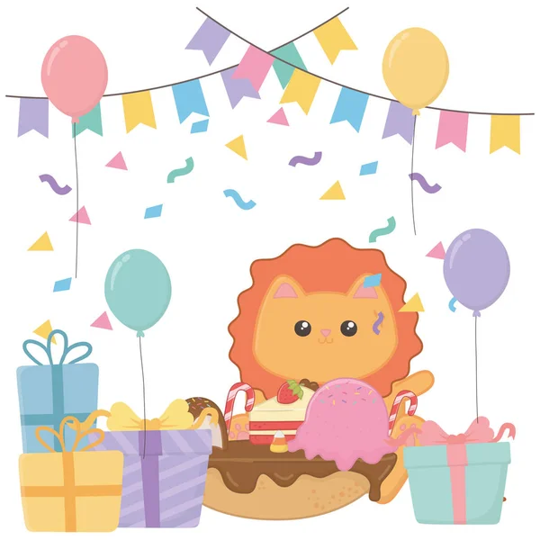 León kawaii con feliz diseño de tartas de cumpleaños — Vector de stock