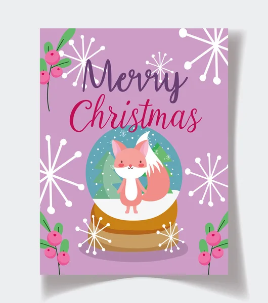 Fox in crystal ball snowflakes celebration merry christmas poster — Vector de stock