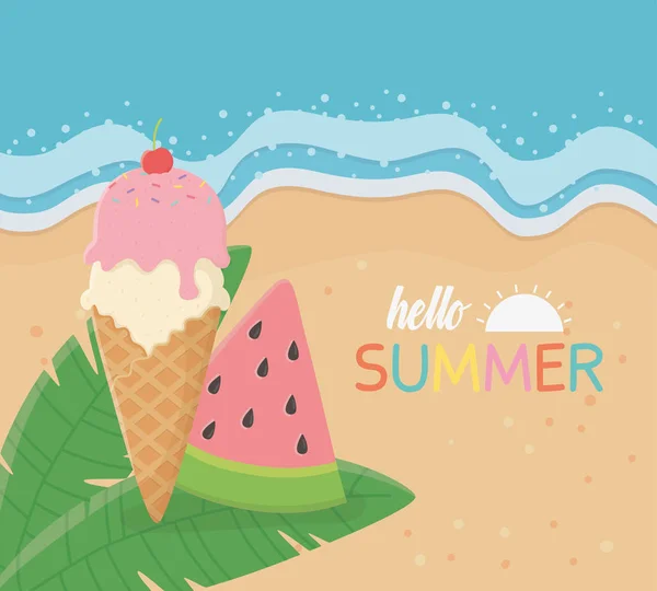 Hello summer poster with beach scene and watermelon icecream — Stock Vector