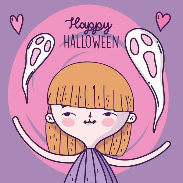 Happy halloween celebration girl with ghosts — Vector de stock