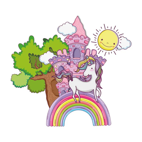 Beautiful fairytale castle with rainbow and unicorn — ストックベクタ