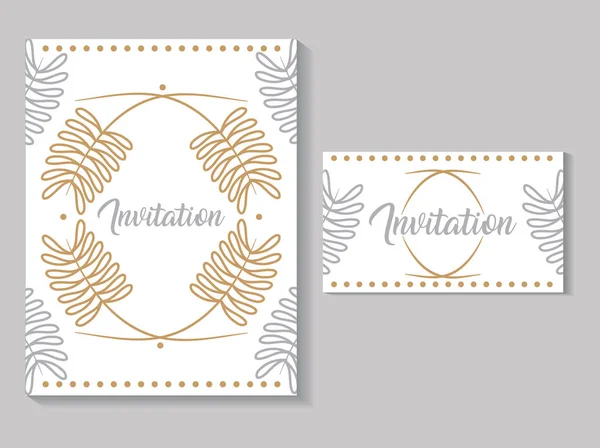 Set invitation cards with leafs golden calligraphy — Διανυσματικό Αρχείο