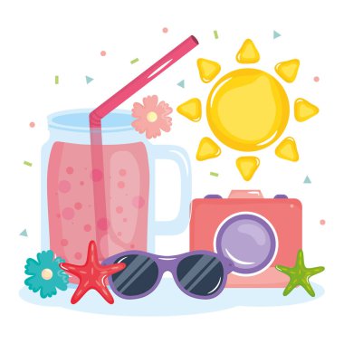 summer holiday poster with cocktail and icons