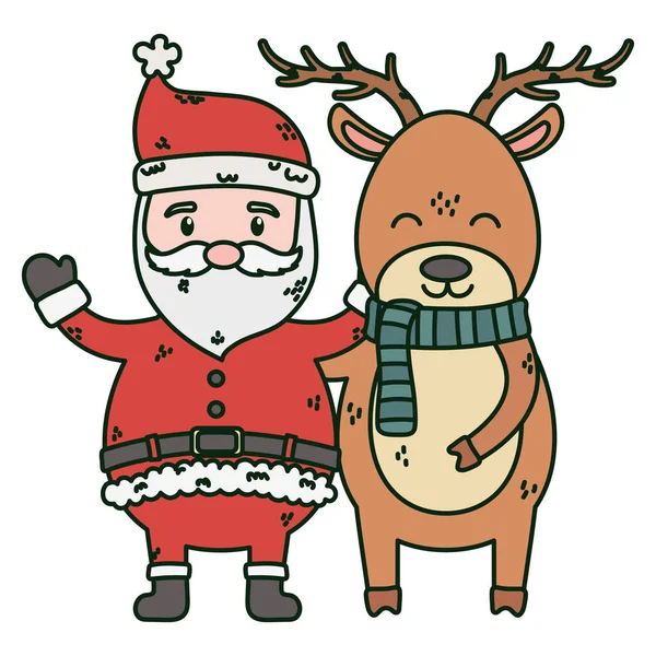 Weihnachtsmann und Rentier mit Schal feiern frohe Weihnachten — Stockvektor