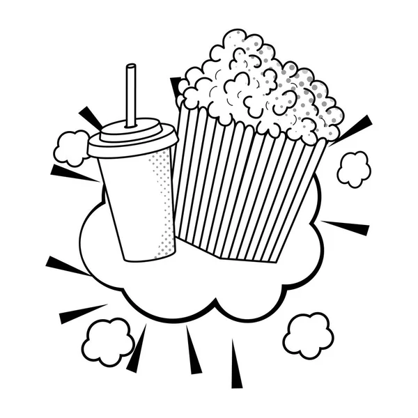 Pop corn and soda black and white — Stock Vector