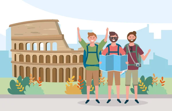 Travel men friends with backpack and colosseum destination — 스톡 벡터