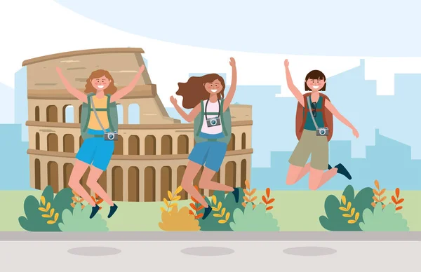 Women friends jumping with backpack and camera to colosseum adventure — 스톡 벡터