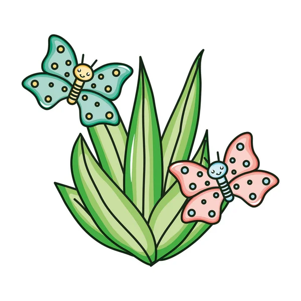 Folhas plantas jardim com borboletas kawaii personagens — Vetor de Stock