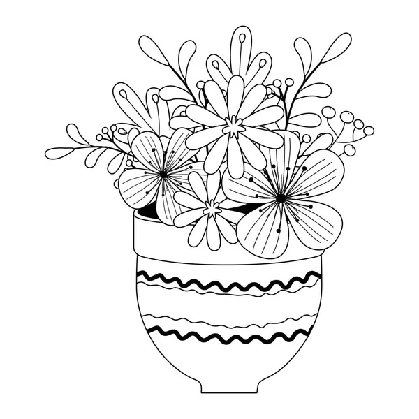 Bloemen en bladeren in pot vector ontwerp — Stockvector