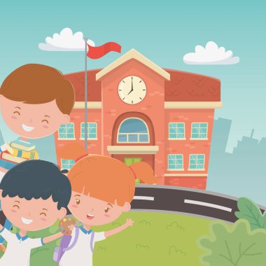 school building with kids in the landscape scene