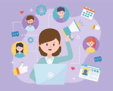 woman with laptop and megaphone network social media