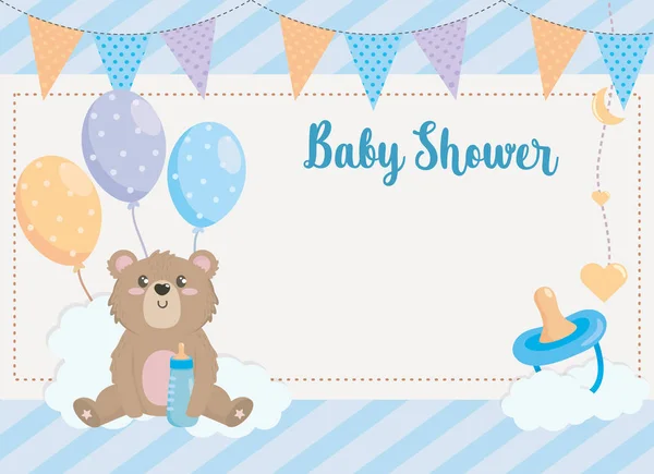 Card of teddy bear with party banner and pacifier — стоковый вектор