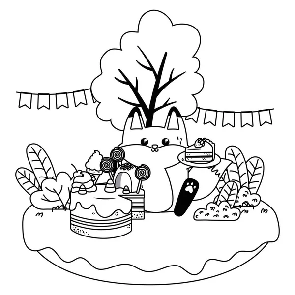Raposa Kawaii com design feliz bolo de aniversário — Vetor de Stock