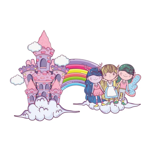Cute little fairies group with rainbow and castle — Stockvektor