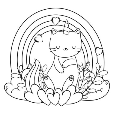 Tek boynuzlu at kedi çizgi film vektör tasarımı