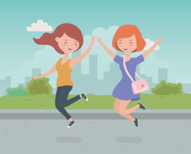 Park vektör illüstrasyonunda kutlama yapan mutlu genç kadınlar.