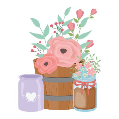 Flowers and leaves inside pots vector design