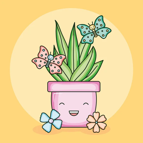 House plant in ceramic pot with butterflies kawaii style — Vetor de Stock