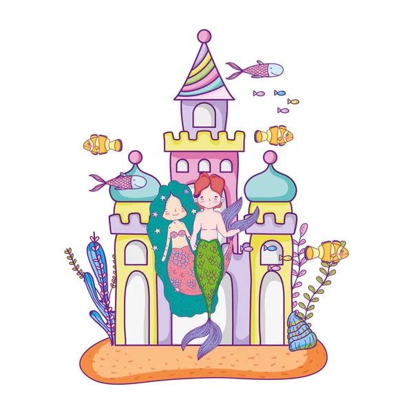 Couple de sirènes avec château scène sous-marine — Image vectorielle