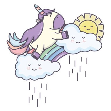 cute adorable unicorn with clouds rainy and rainbow