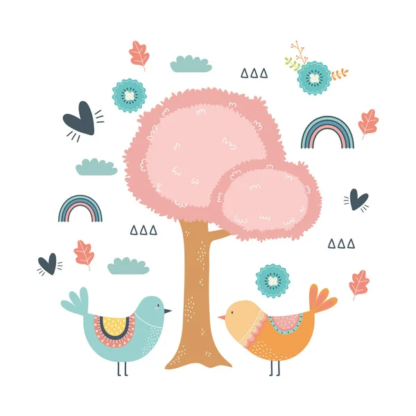 Vogel-Cartoon und Baum-Design-Vektor-Illustration — Stockvektor