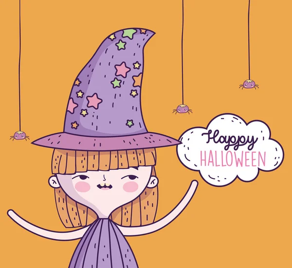 Szczęśliwy halloween uroczystości dziewczyna z kapelusz czarownica i wiszące pająki — Wektor stockowy