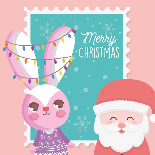 Weihnachtsmann und Hase mit Lichtern frohe Weihnachten Briefmarke — Stockvektor