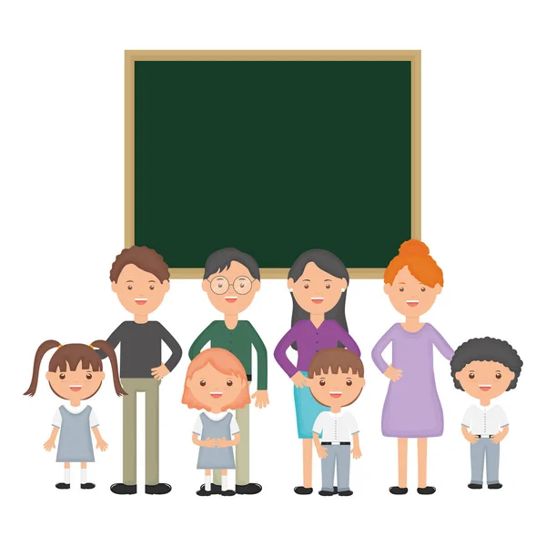 Cute little students group with teachers and chalkboard — Vetor de Stock