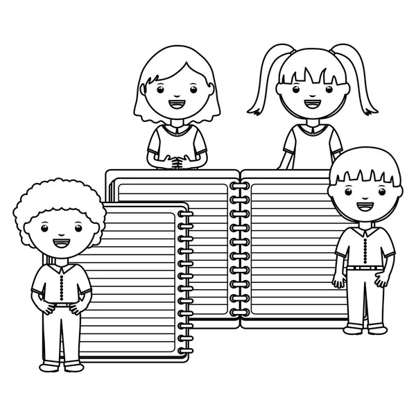 Cute little students group with notebook and sheets — Vector de stock