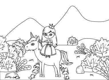 İzole edilmiş ortaçağ prensesi ve tek boynuzlu at tasarımı.