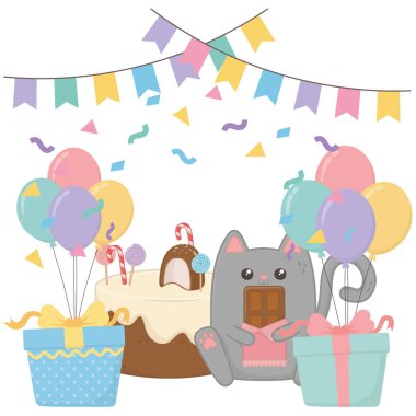 Doğum günü pastası tasarımlı Kawaii kedisi.