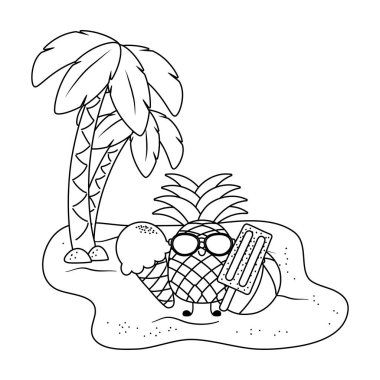 Yaz ve plaj sevimli karikatürler siyah beyaz