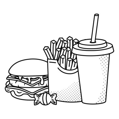 Hamburger patates kızartması ve soda. Siyah ve beyaz.