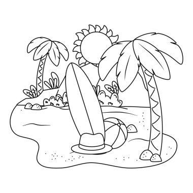 Yaz ve plaj sevimli karikatürler siyah beyaz